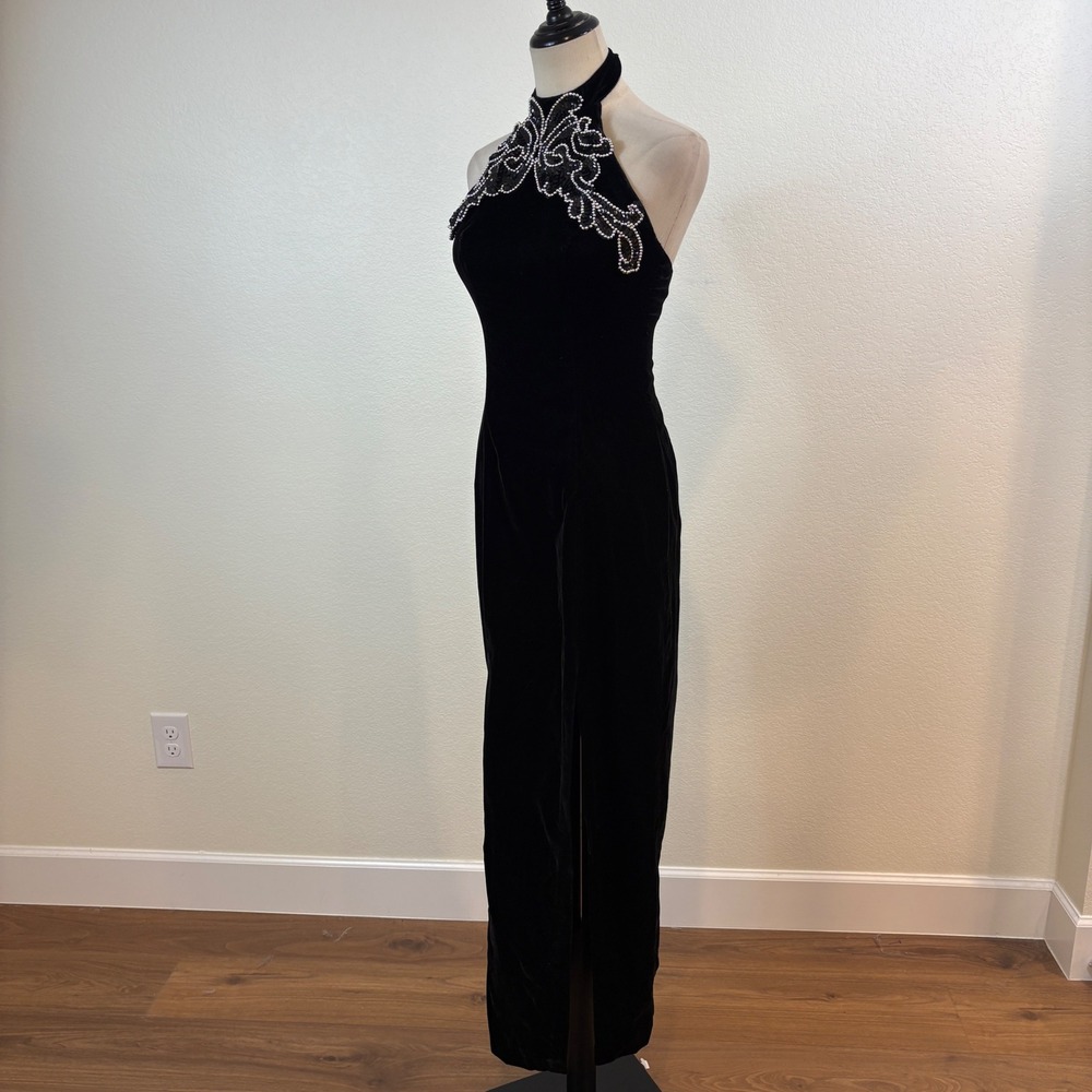Zum Zum Velvet Maxi Dress Women 3-4 Black Beaded Halter Vintage Gown Whimsigoth - Picture 6 of 9